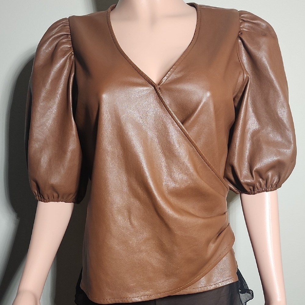 Chic Brown Puff Sleeve Wrap Blouse